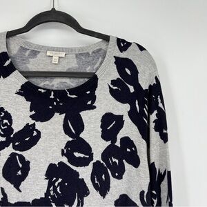 Talbots Petite Wool Floral Bishop Sleeve Crewneck Grey Navy Ribbed Knit Sweater